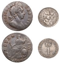 William and Mary, Fourpence, 1689 (S 3439); William III, Halfpenny, 1700, unbarred as on rev...