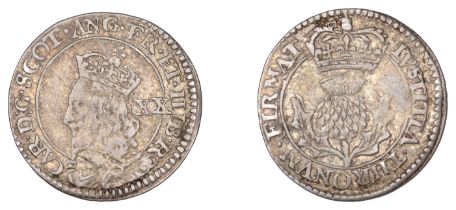 Charles I, Third coinage, Briot's issue, Twenty Pence, no mm., signed b below chin on obv. a...