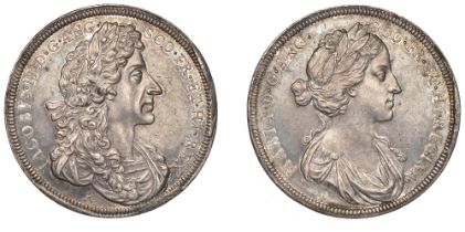 James II and Mary of Modena [1685], a silver medal by J. Roettiers, laureate bust right, rev...