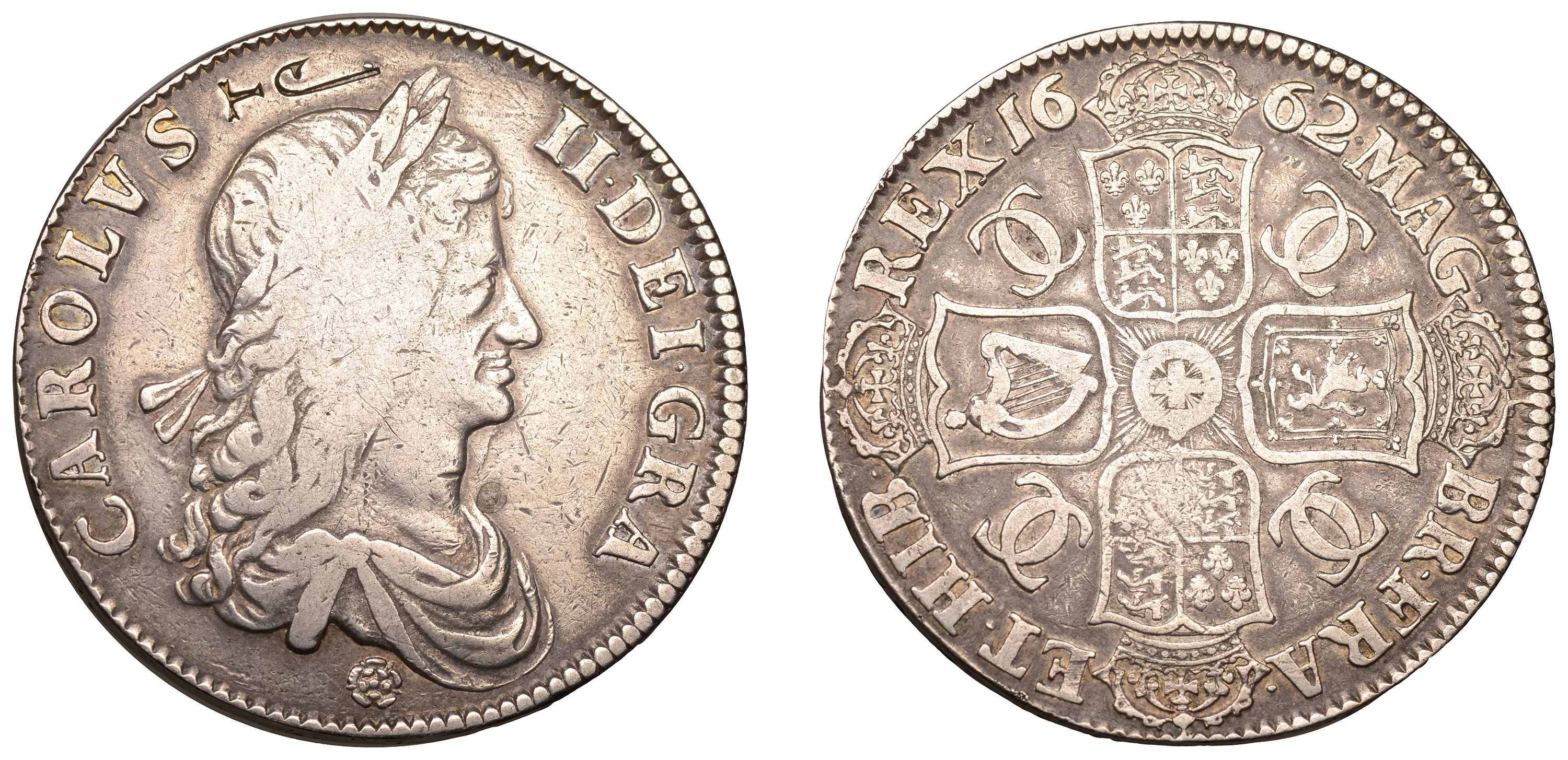 Charles II (1660-1685), Crown, 1662, first bust, rose below, edge undated (ESC 340; S 3350)....
