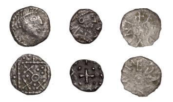 Early Anglo-Saxon Period, Sceat, series G, type 3a, diademed bust right. rev. standard with...