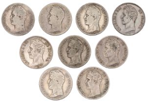 Charles X, Franc (9), 1825a, 1826a, 1826w, 1827l, 1827w, 1828b, 1829a, 1829b, 1830b (Gad. 45...