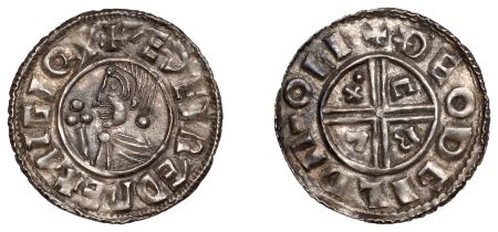 Ã†thelred II (978-1016), Penny, Small CRVX type, Lincoln, Theodgild, deodgeld mÂ¯o li, pellet...