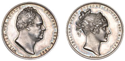 William IV, Coronation, 1831, a silver medal by W. Wyon, bust right, rev. bust of Queen Adel...