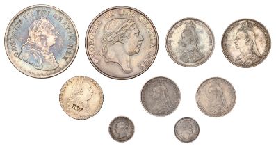 George III, Three Shillings (2), 1811, 1812, Sixpence, 1787 with hearts (S 3769-70, 3749); W...