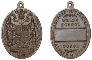 Ashford Welsh School, Middlesex, a specimen bronze medal by A. Wyon, undated, arms surmounte...