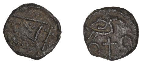 Early Anglo-Saxon Period, Sceatta, Secondary series G/J, type 83 mule, head right, long cros...