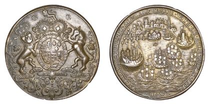 Capture of Portobello, 1739, a pinchbeck medal signed I.W., crowned arms with supporters, re...