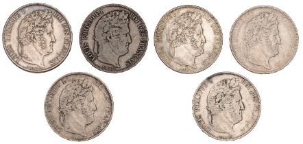 Louis Philippe, 5 Francs (6), 1834l, 1837a, 1840w, 1844w, 1845w, 1848a (Gad. 678, 678a) [6]....