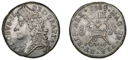 James II, Gunmoney coinage, Shilling, 1689 Aug, no stop after gratia, 7.37g/1h (Withers 41/4...