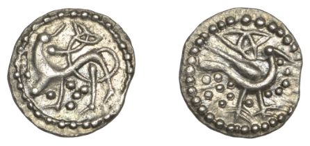 Early Anglo-Saxon Period, Sceatta, Secondary Series Q, type 64, variety IIIA, sinuous quadru...