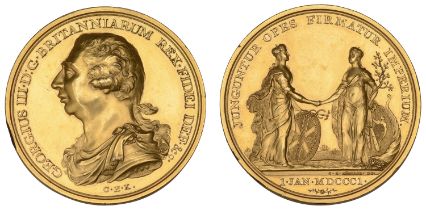 Union of Great Britain and Ireland, 1801, a gilt-bronze medal by C.H. KÃ¼chler, draped bust o...