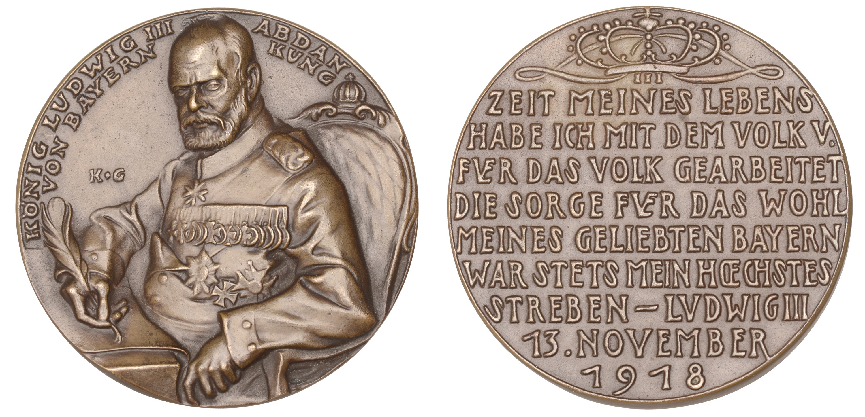 BAVARIA, Abdication of Ludwig III, 1918, a cast bronze medal by K. Goetz, king seated at des...