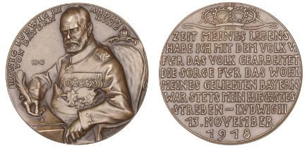 BAVARIA, Abdication of Ludwig III, 1918, a cast bronze medal by K. Goetz, king seated at des...