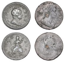 James II, tin Farthing, 1687, with copper plug (S 3421); George I, Farthing, 1719, small let...