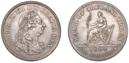 George III, Bank of Ireland coinage, Six Shillings, 1804, top leaf of wreath points to right...