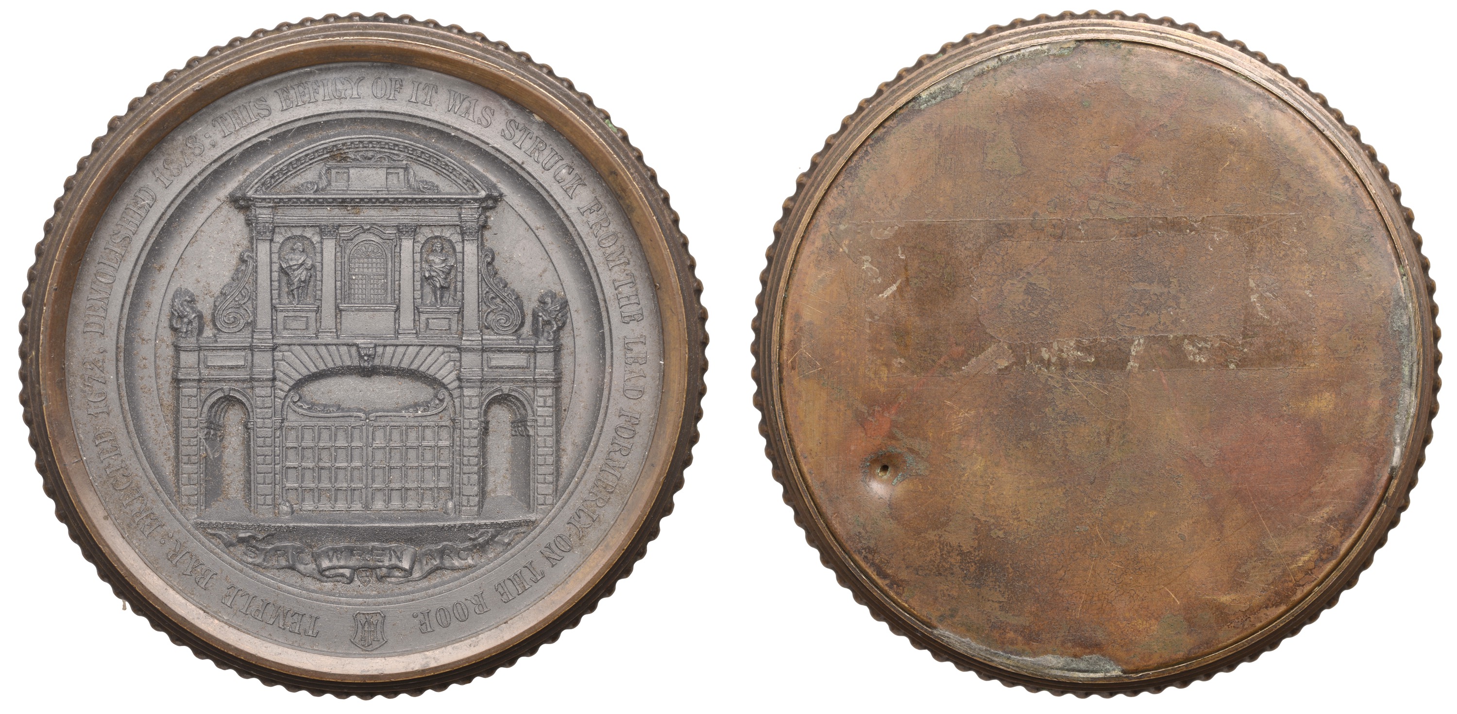 Removal of Temple Bar, 1878, a uniface lead medal by C.H. and J. Mabey for Taylor, Foot and...