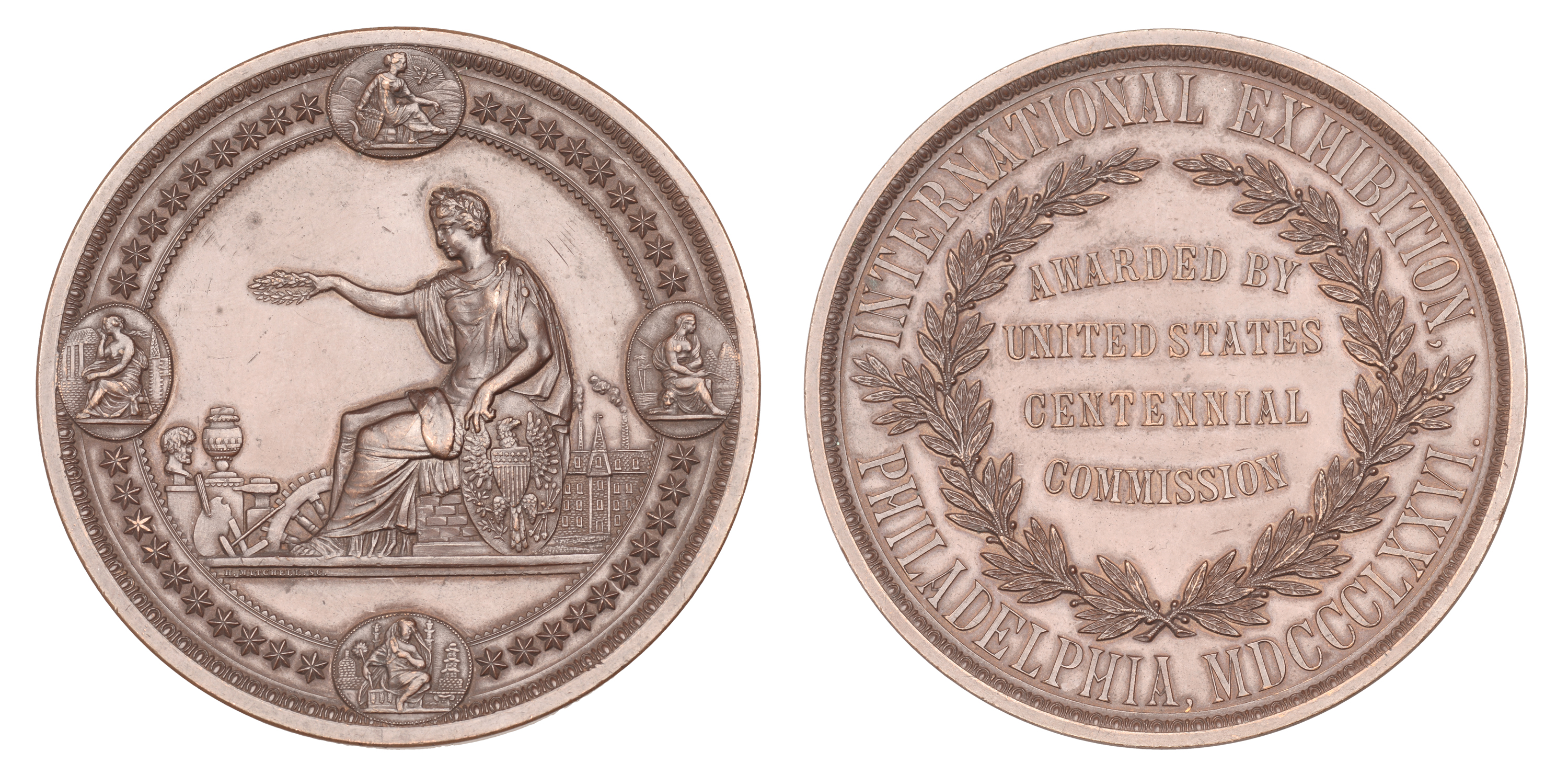 USA, Philadelphia International Exhibition, 1876, a bronze medal by H. Mitchell, Industry se...