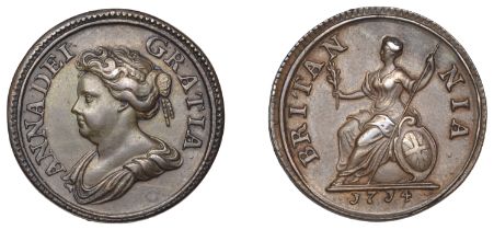 Anne (1702-1714), Pattern Farthing, 1714, by J. Croker, in copper, bust left, rev. Britannia...