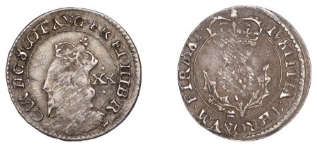 Charles I, Third coinage, Briot's issue, Twenty Pence, no mm., signed b below bust on obv. a...