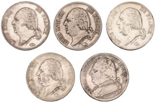 Louis XVIII, 5 Francs (5), 1814l, 1816a, 1823a, 1824a, 1824w (Gad. 591, 614) [5]. Varied sta...