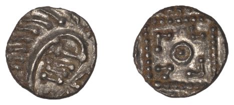 Early Anglo-Saxon Period, Sceatta, Continental series E, tertiary issue, porcupine-like figu...