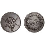 Archery, a specimen bronze medal, unsigned and undated, crossed quivers and bows, target beh...