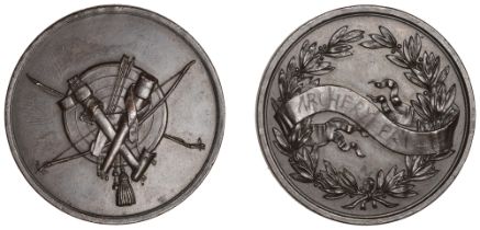 Archery, a specimen bronze medal, unsigned and undated, crossed quivers and bows, target beh...