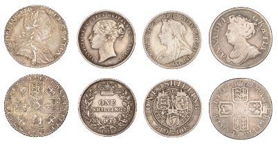Anne, Shilling, 1711, fourth bust (S 3618); George III, Shilling, 1787, no hearts (S 3743);...