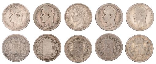 Charles X, 2 Francs (5), 1827d, 1827h, 1827w, 1828m, 1828w (Gad. 516) [5]. Varied state, sec...