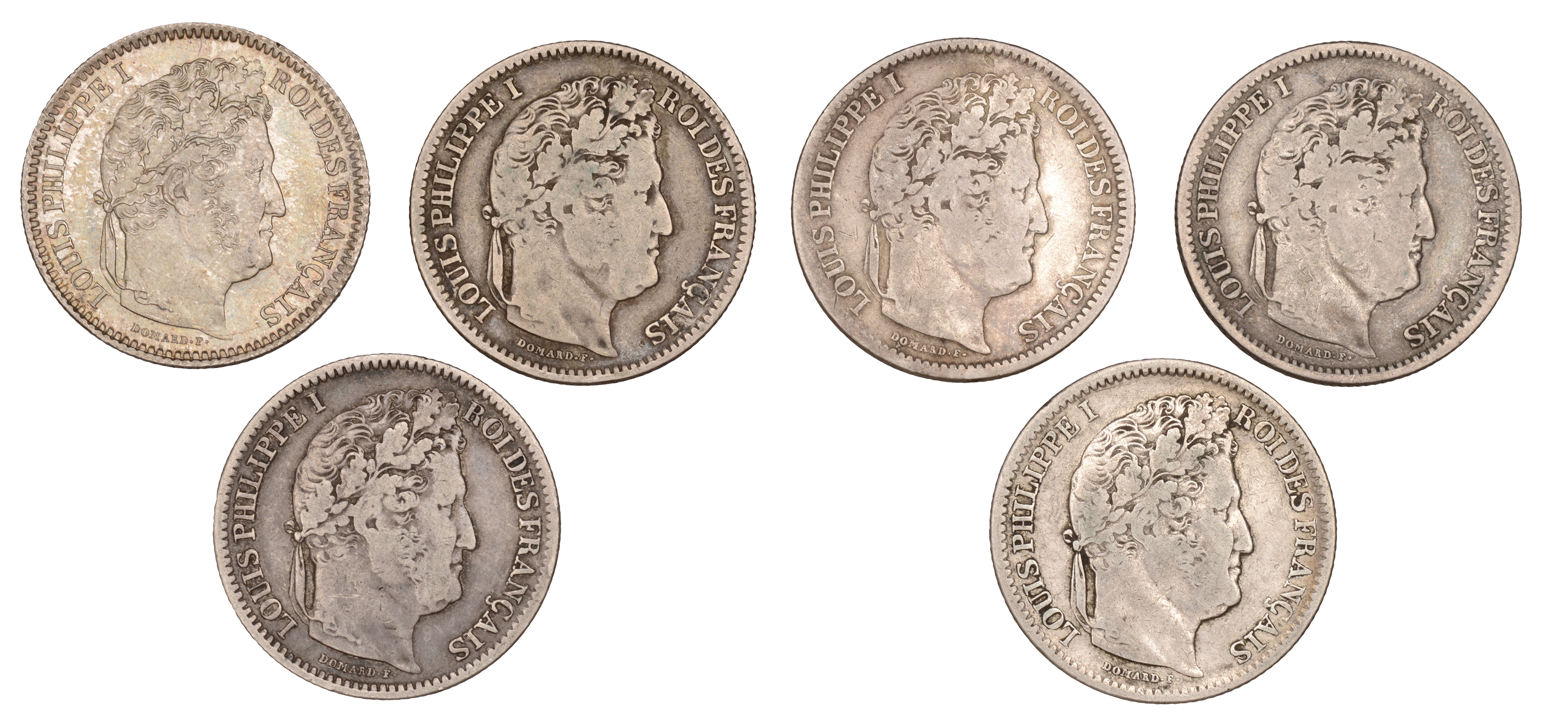 Louis Philippe, 2 Francs (6), 1834b, 1840a, 1842w, 1844w, 1847a, 1848bb (Gad. 520) [6]. Vari...