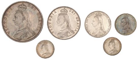 Victoria, Double Florin, 1887 Arabic 1 in date, Florin, 1887, Shilling, 1889, Sixpence, 1887...