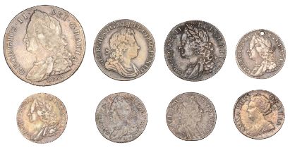 William III, Sixpence, 1697, small crowns (S 3531); Anne, Sixpence, 1711 (S 3619); George I,...