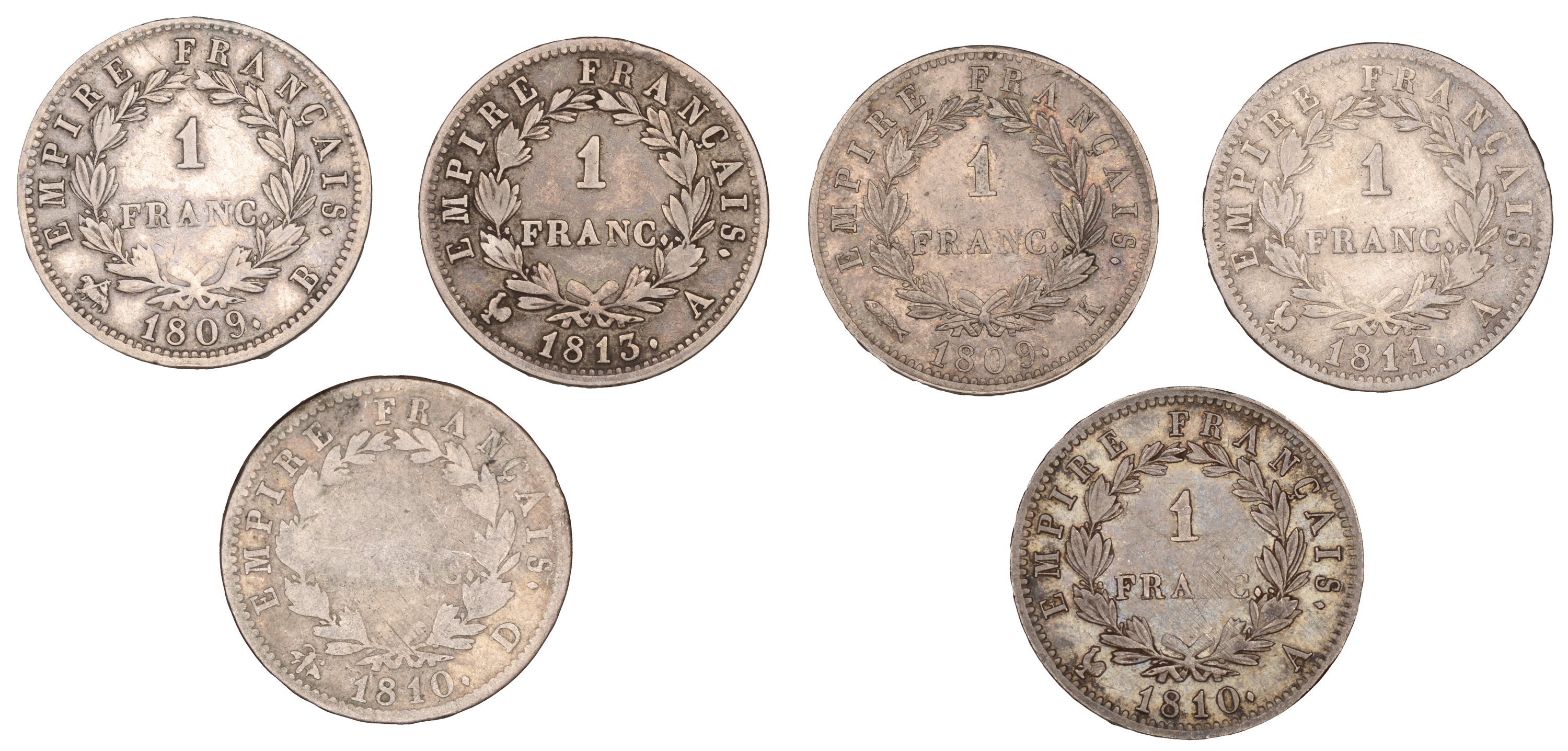 Napoleon I, Franc (6), 1809b, 1809k, 1810a, 1810d, 1811a, 1813a (Gad. 447) [6]. Varied state... - Image 2 of 2