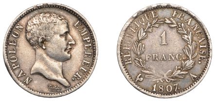 Napoleon I, Franc, 1807a, Paris (Gad. 445; KM 681). Lightly cleaned, otherwise very fine, sc...