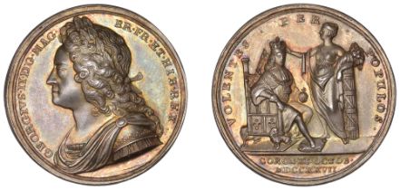George II, Coronation, 1727, a silver medal by J. Croker, laureate bust left, rev. king, ent...