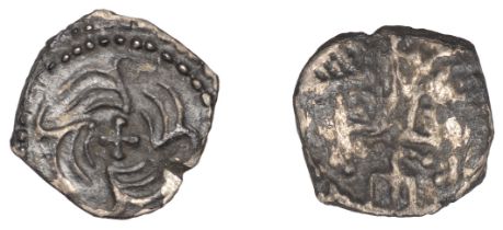 Early Anglo-Saxon Period, Sceatta, Secondary series J, type 37, two heads vis-Ã -vis, cross a...