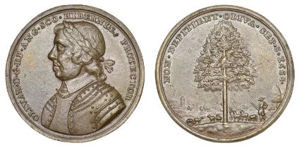 Death of Oliver Cromwell, 1658, a bronze aftercast of the Dutch medal, laureate bust left, r...