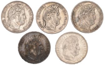 Louis Philippe, 5 Francs (5), 1831a, 1832b, 1832d, 1832t, 1833k (Gad. 677a, 678) [5]. Varied...