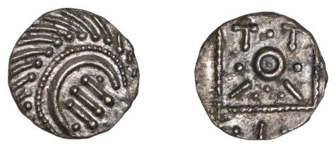 Early Anglo-Saxon Period, Sceatta, Continental series E, tertiary issue, porcupine-like figu...