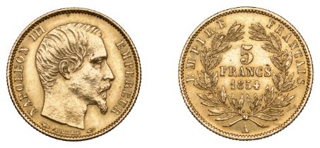 France, Napoleon III, gold 5 Francs, 1854a, Paris, edge grained (Gad. 1000; KM 783; F 578)....