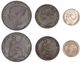 George III, Sixpence, 1819 (S 3791); Victoria, Penny 1854 near colon, Halfpenny, 1858 (S 384...