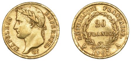 Napoleon I, 20 Francs, 1807a, Paris (Gad. 1024; F 499). Very fine Â£300-Â£360