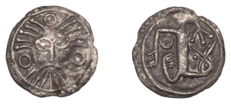 Early Anglo-Saxon Period, Sceatta, Secondary series X, Danish type B1, 'Wodan' head facing w...