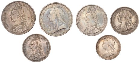 Victoria, Crowns (2), 1889, 1896 lix, Double Florin 1889, Halfcrowns (2), 1887, 1897, Florin...