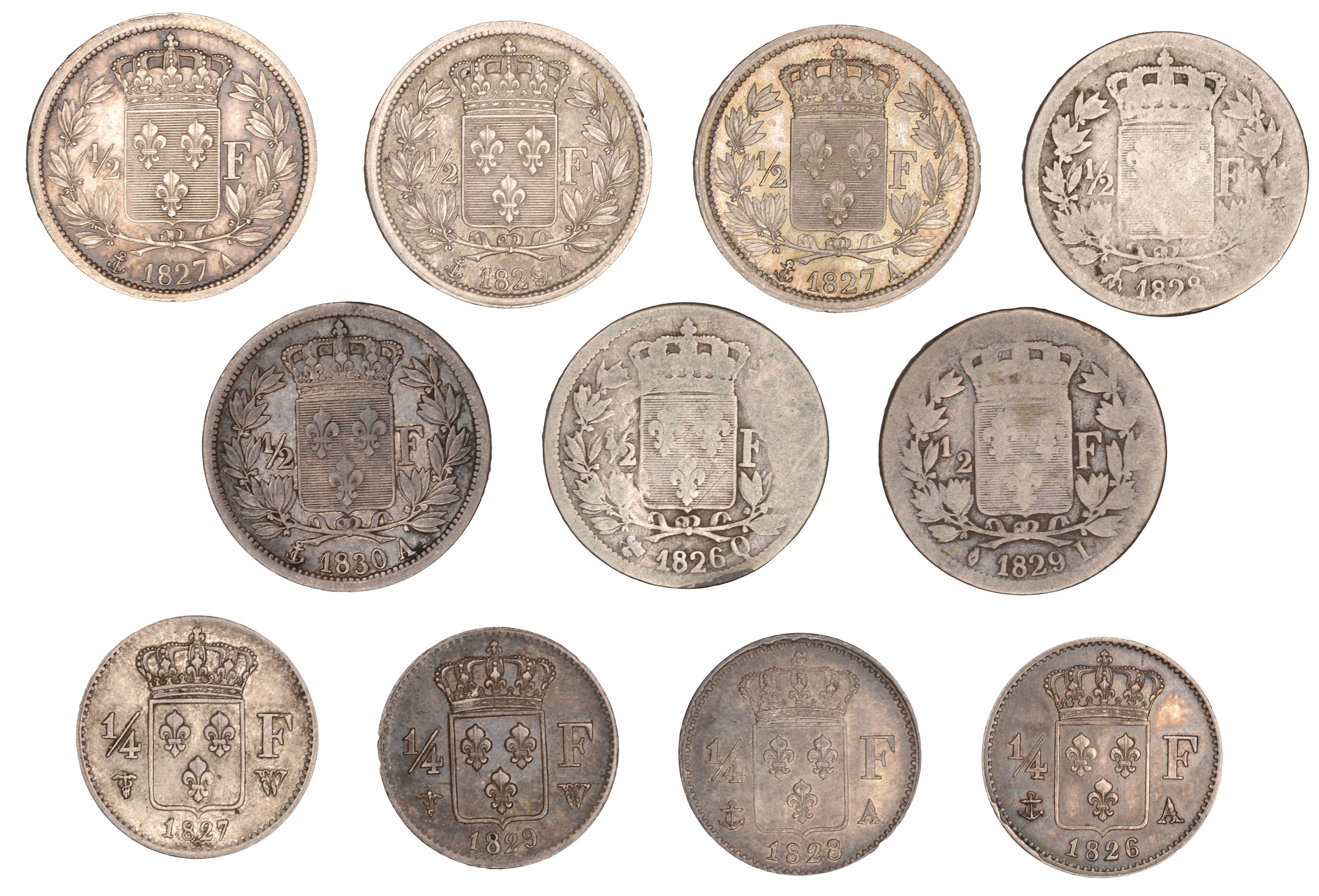 Charles X, Half-Francs (7), 1826q, 1827a (2), 1828h, 1829a, 1829i, 1830a (Gad. 402); Quarter... - Image 2 of 2