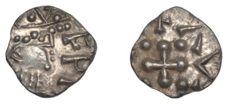 Early Anglo-Saxon Period, Sceatta, Continental series D, head right with radiate crown, rev....