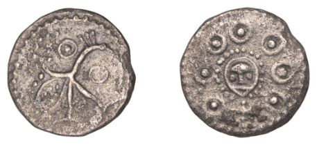 Early Anglo-Saxon Period, Sceatta, Secondary series H, type 49 variety 4b, facing head of Wo...