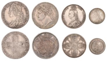 George II, Halfcrown, 1746 lima (S 3695A); George IV, Halfcrown, 1820 (S 3807); Victoria, Fl...