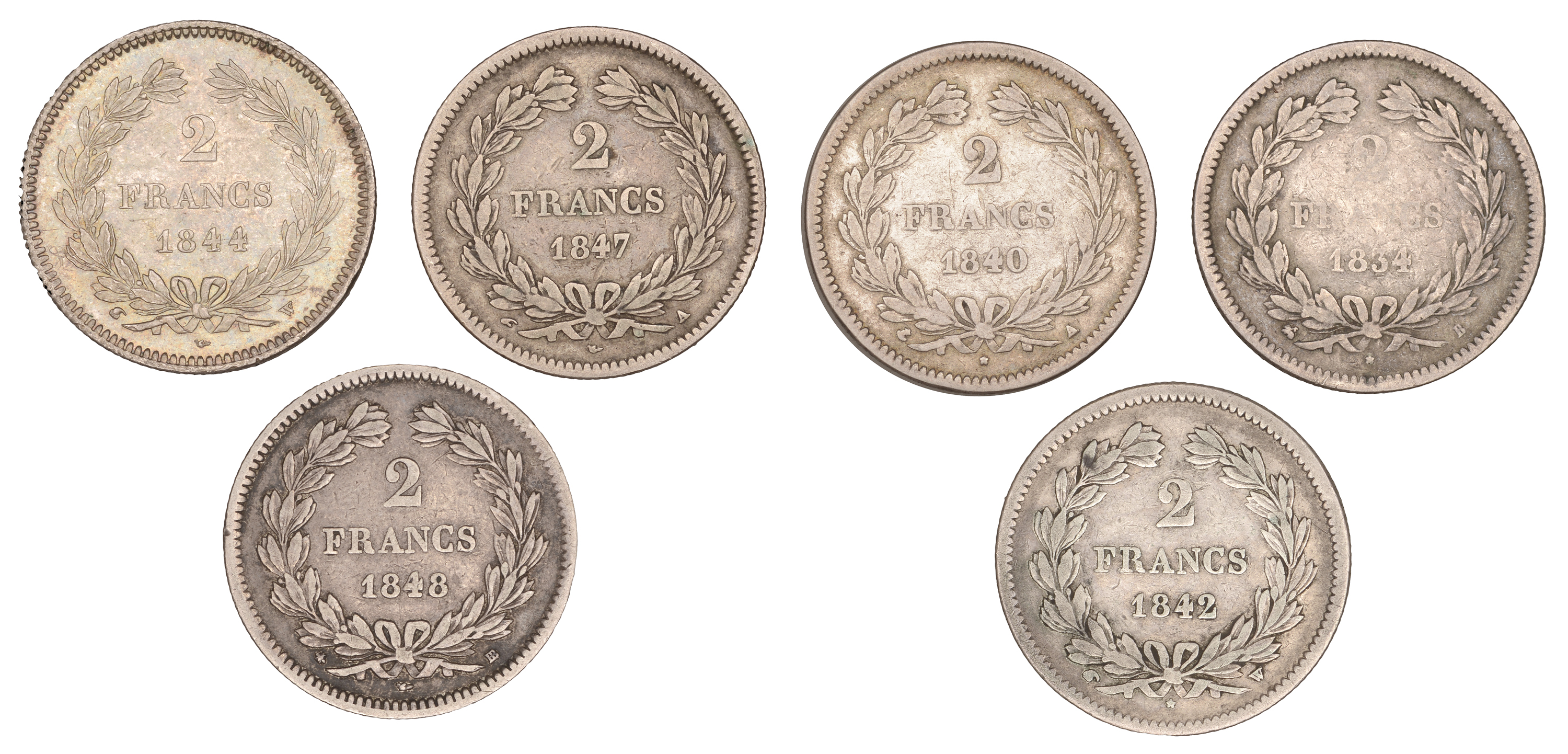 Louis Philippe, 2 Francs (6), 1834b, 1840a, 1842w, 1844w, 1847a, 1848bb (Gad. 520) [6]. Vari... - Image 2 of 2